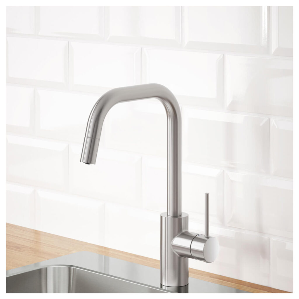 Sleek stainless steel faucet installed over a tiled backsplash.