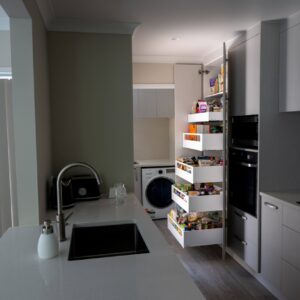 Galley kitchen with blum space tower pantry