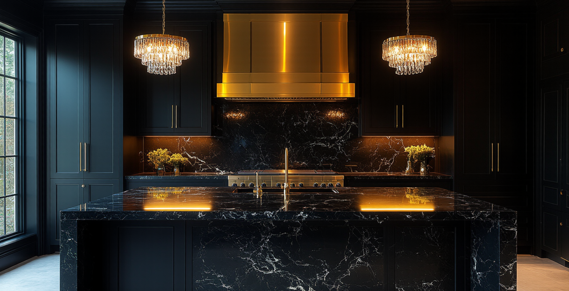 Elegant black modern kitchen with pendant lights and island.
