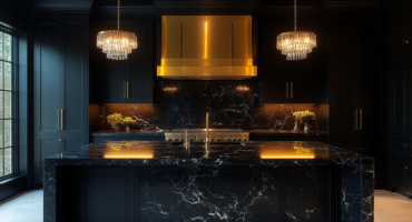 Elegant black modern kitchen with pendant lights and island.