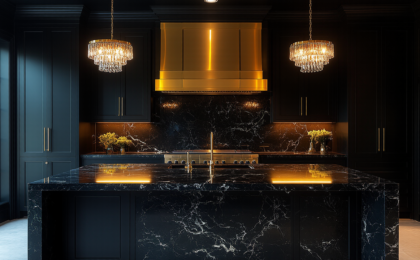 Elegant black modern kitchen with pendant lights and island.
