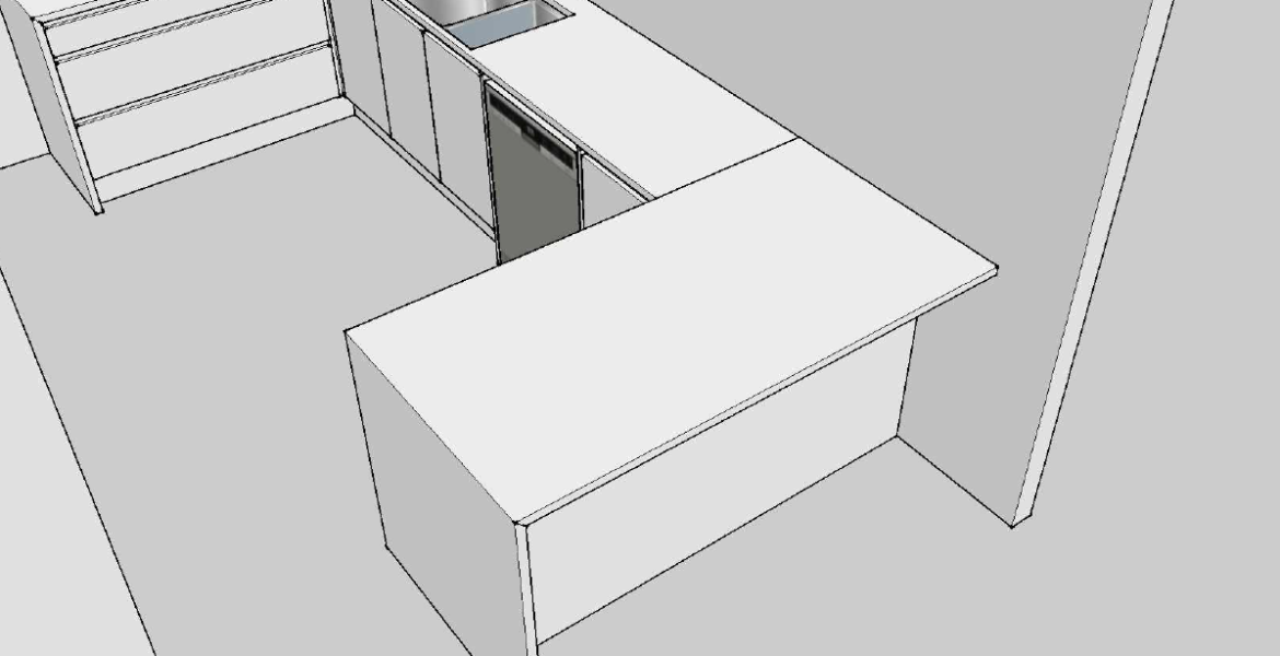 3D kitchen layout render with U-shaped cabinets.