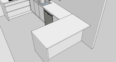 3D kitchen layout render with U-shaped cabinets.