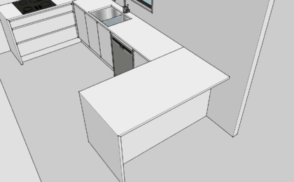 3D kitchen layout render with U-shaped cabinets.