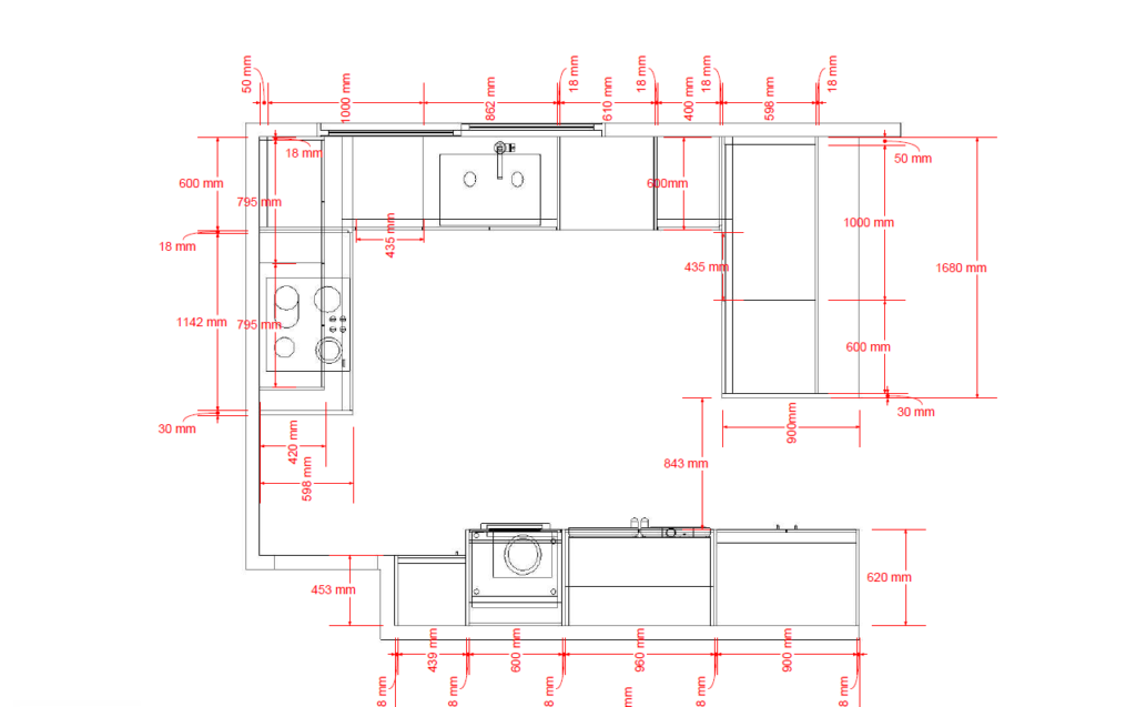 2D top-down measurements showing kitchen plan and layout