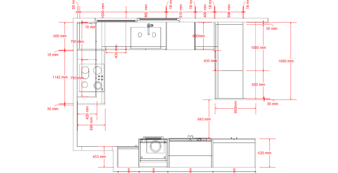 2D top-down measurements showing kitchen plan and layout