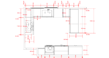 2D top-down measurements showing kitchen plan and layout