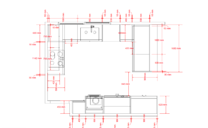 2D top-down measurements showing kitchen plan and layout