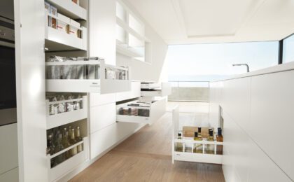Modern kitchen with pantry pull-out shelves open.