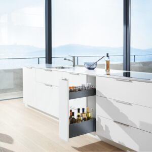 Kitchen with ocean view showcasing a pull out space rack